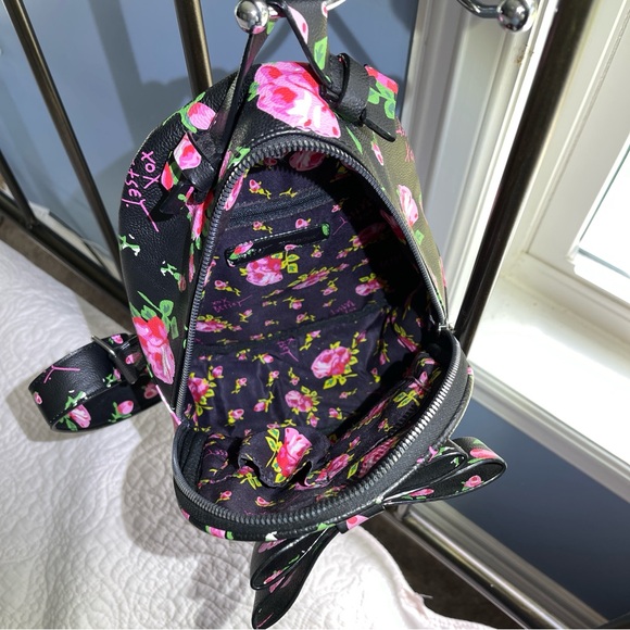 Betsey Johnson Floral Black Mini Backpack with Pink Accents - Picture 8 of 12